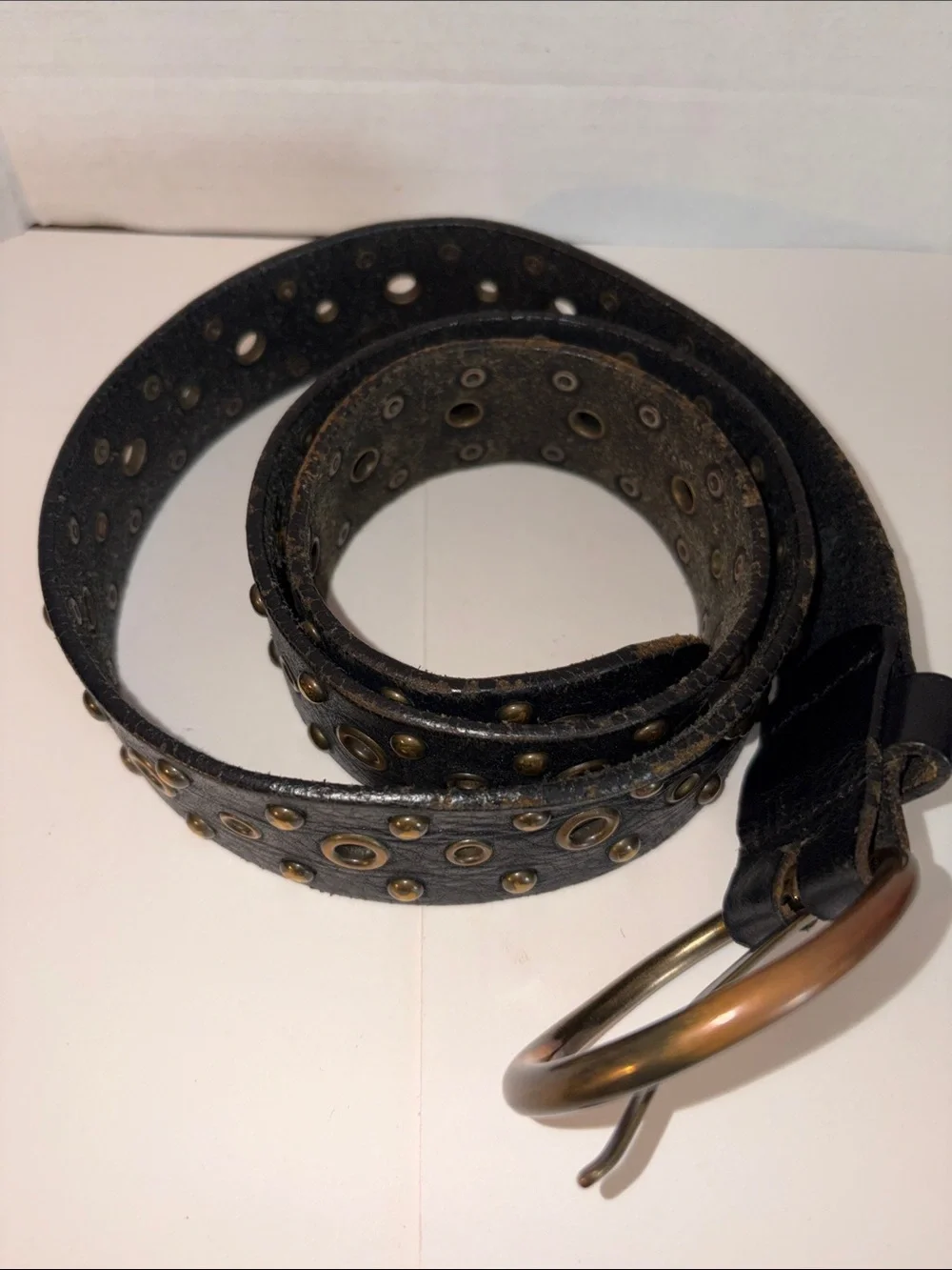 Studded Black Leather Belt with Antique Brass Buckle - for men or women